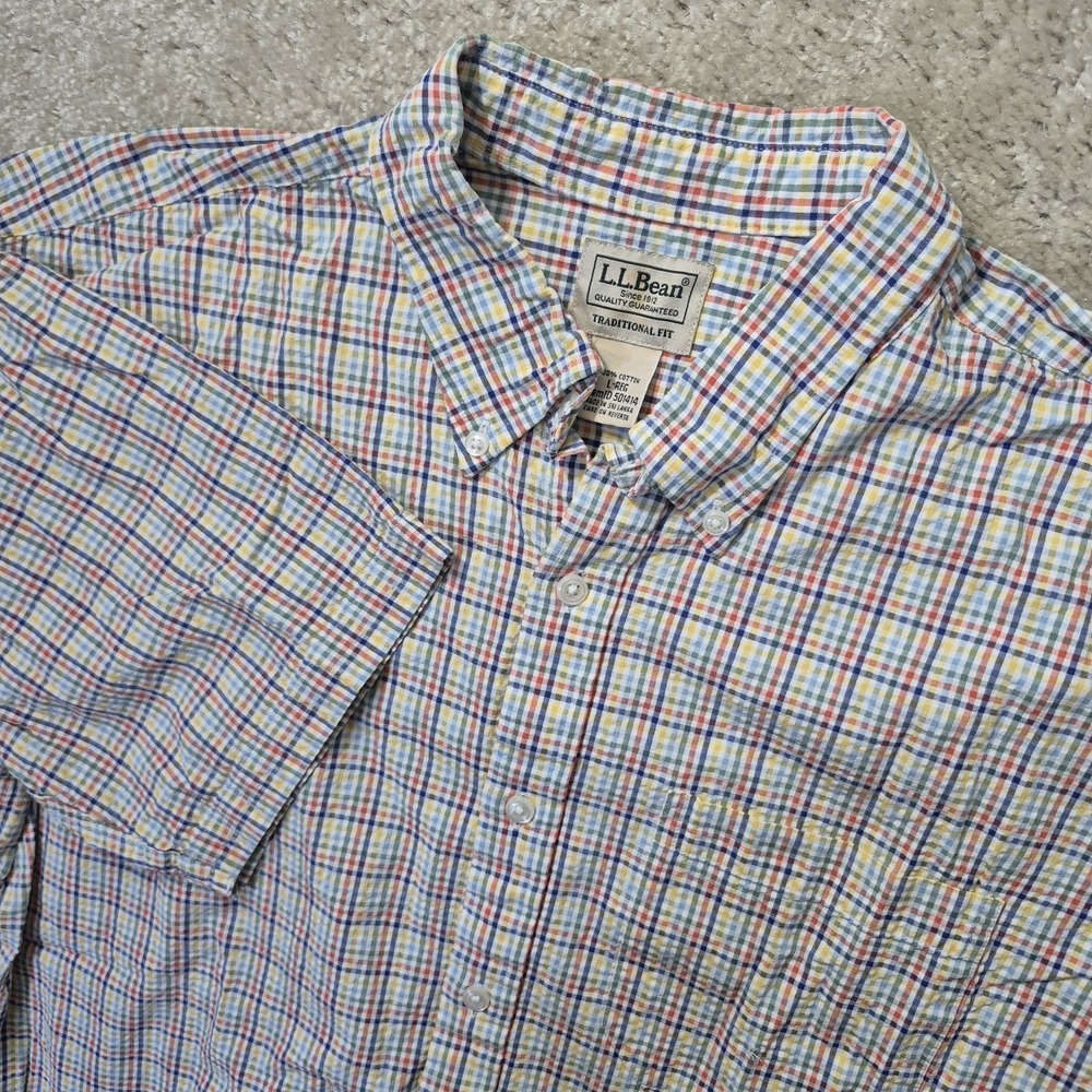 LL Bean Seersucker Shirt Mens Large Multicolor Gingham Button Up Camp Dad Beachy
